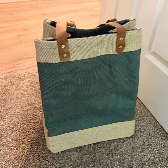 Small Acts Change The World Bags Stylish green, white & tan Farmer Market Tote - Picture 3 of 6